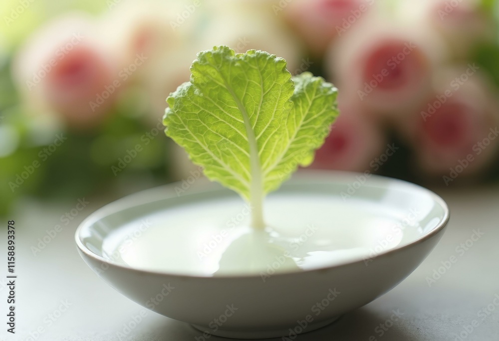 Fresh lettuce leaf falling into milk bowl with soft rose background Fresh lettuce leaf falling into milk bowl with soft rose background