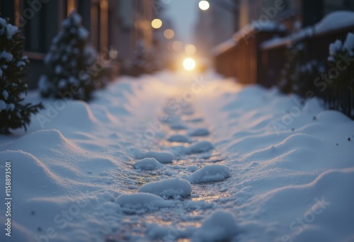 Footprints in the snow leading down snowy city sidewalk at dusk photo