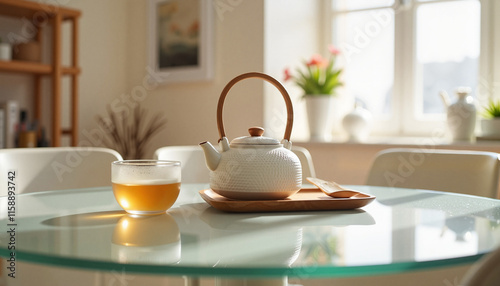 Wallpaper Mural Modern Chinese tea set on glass table in bright dining room, serenity Torontodigital.ca