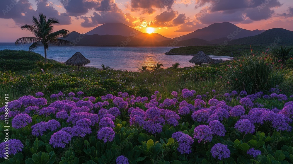 Obraz premium Vibrant sunset over tropical bay with purple flowers and palm trees.