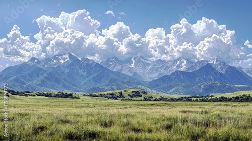 Wallpaper Mural Expansive Mountain Landscape Under Dramatic Cloudy Sky in Scenic Nature Environment with Vibrant Green Grass Field and Majestic Peaks Torontodigital.ca