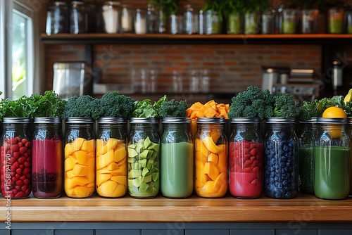 Colorful fruit and vegetable smoothie ingredients in mason jars. photo