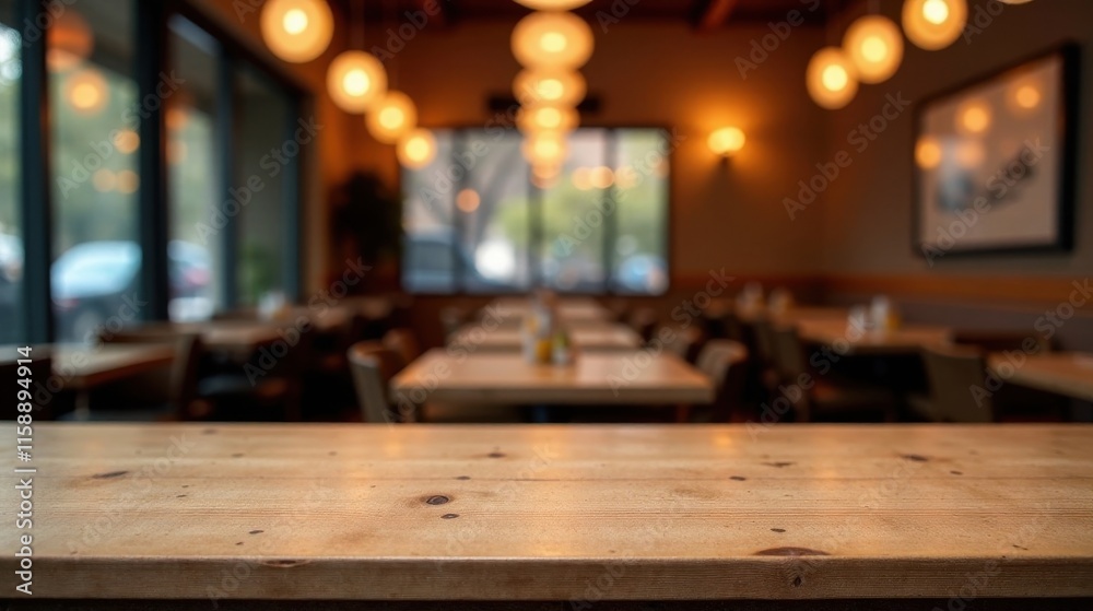 Empty wooden counter in a warmly lit restaurant with blurred background of tables and chairs Empty wooden counter in a warmly lit restaurant with blurred background of tables and chairs