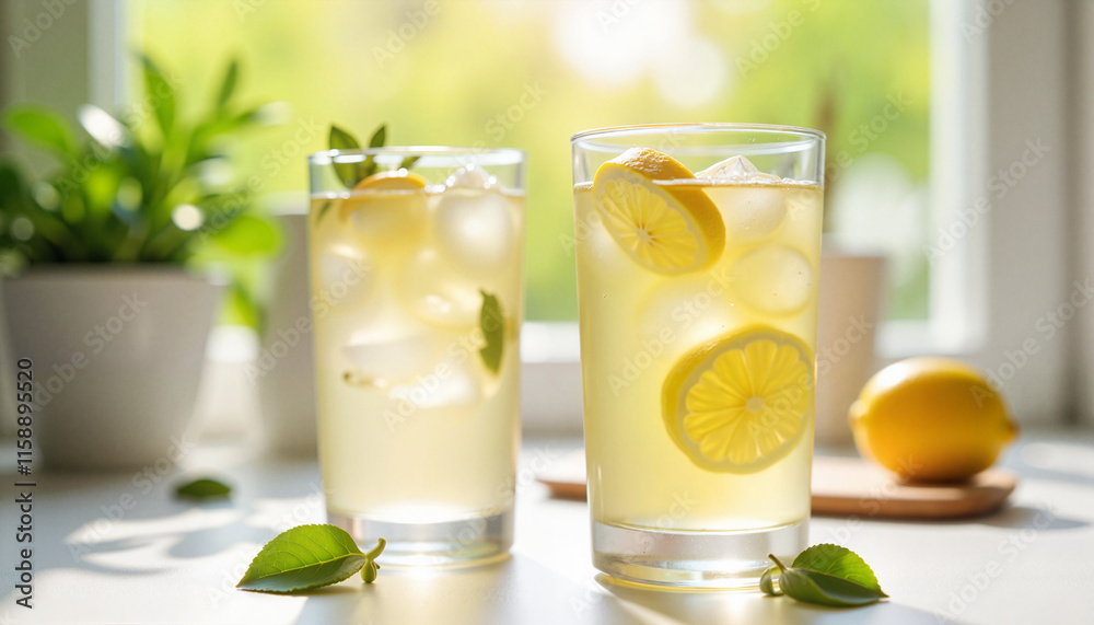 Fototapeta premium Refreshing lemon water in bright kitchen sunlight, morning vitality