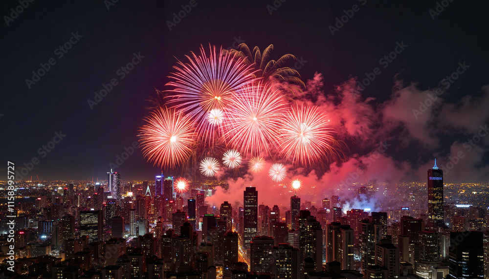 Obraz premium Vibrant fireworks illuminate city skyline at night, celebration of joy
