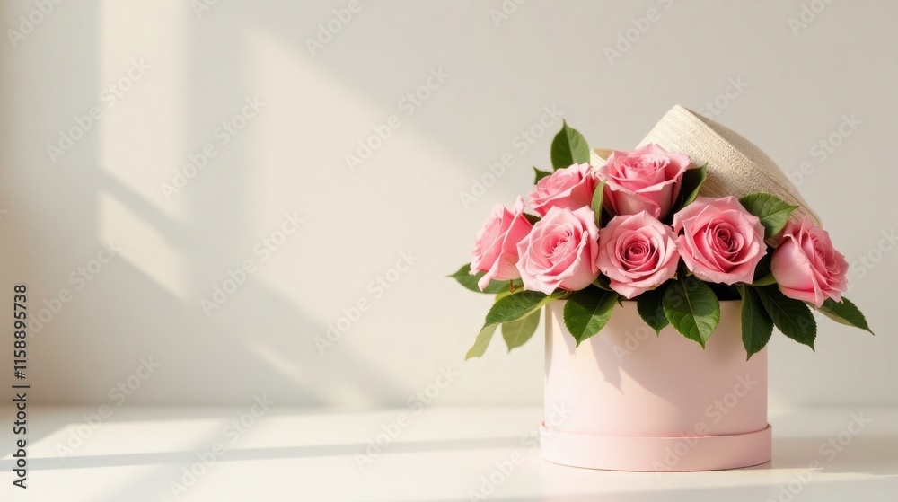 A Delicate Arrangement of Pink Roses in a Pastel Gift Box, Bathed in Soft Sunlight A Delicate Arrangement of Pink Roses in a Pastel Gift Box, Bathed in Soft Sunlight