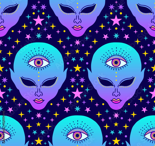 Seanmless pattern with alien face in neon pink and blue tones, surrounded by stars, gradient colors, psychedelic concept.