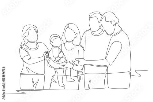 Multi generational families gathering concept one-line drawing