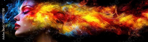 Wallpaper Mural Ethereal portrait of a woman with vibrant colors and swirling flames, representing creativity and passion against a cosmic background Torontodigital.ca