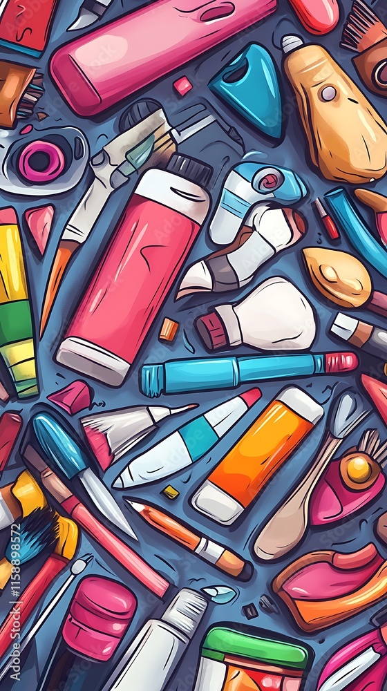 Obraz premium A colorful arrangement of various art supplies and tools scattered across a surface.