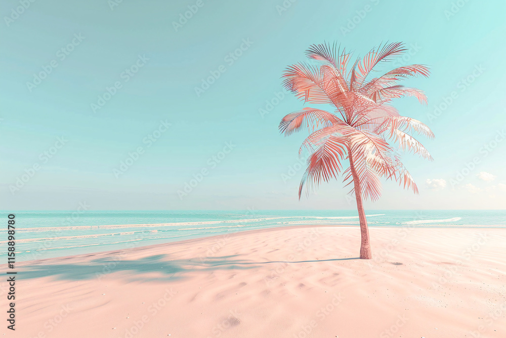 Fototapeta premium A solitary pastel-colored palm tree on a serene beach with calm waves and a soft, dreamy sky.