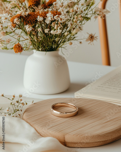 A traditional Claddagh ring resting on a wooden surface, surrounded by Irish flowers, symbolizing love, loyalty, and friendship. photo