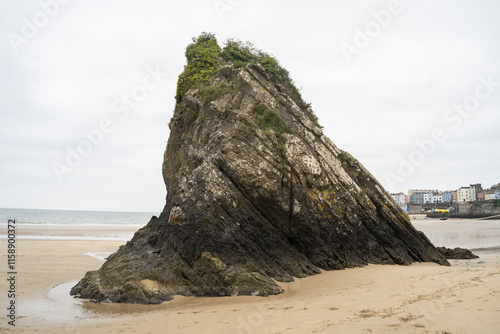 Goscar Rock; striking triangular rock formation on a sandy beach, surrounded by lush greenery, with a calm sea and overcast sky, highlighting nature's rugged beauty in a tranquil coastal setting. photo