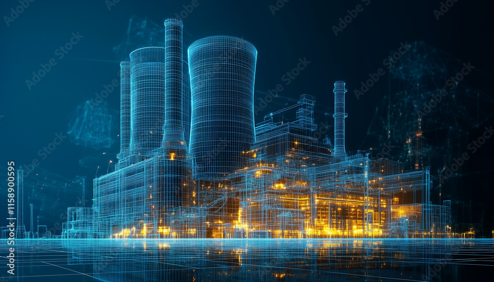 Naklejka premium wireframe blueprint of a nuclear power plant