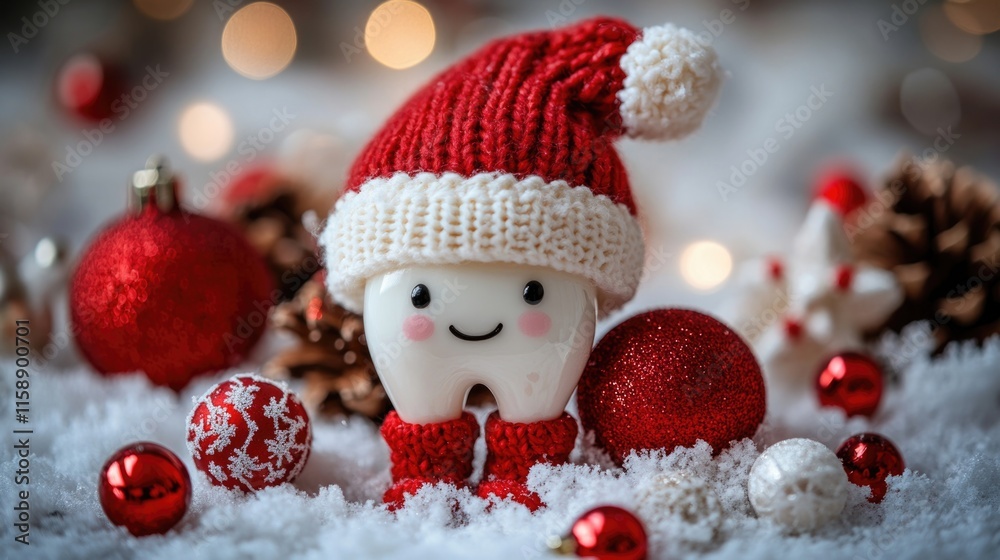 Tooth character in santa hat amidst festive winter decorations. Merry Christmas. Happy New Year Tooth character in santa hat amidst festive winter decorations. Merry Christmas. Happy New Year