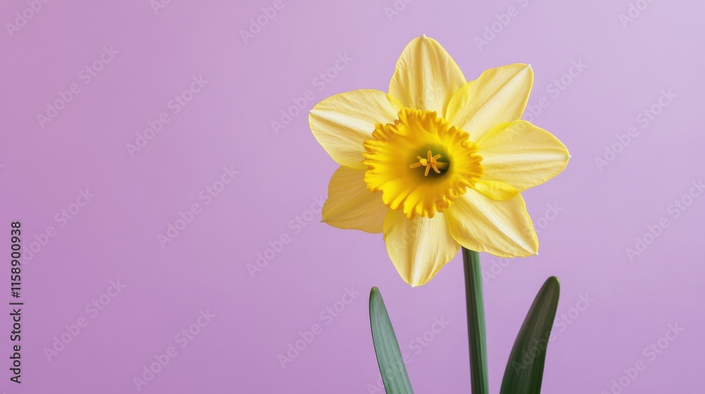 Obraz premium A vibrant yellow daffodil against a soft purple backdrop, close-up shot, Minimalist style