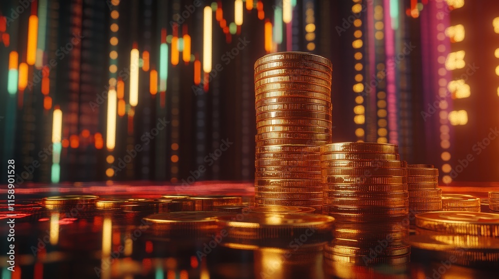 Glowing coins and stock chart background, financial market artwork, currency and investment themed image
