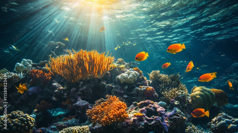 Fototapeta premium Underwater Coral Reef with Colorful Fish, Sunlight Beams through Water, Vibrant Ocean Scene