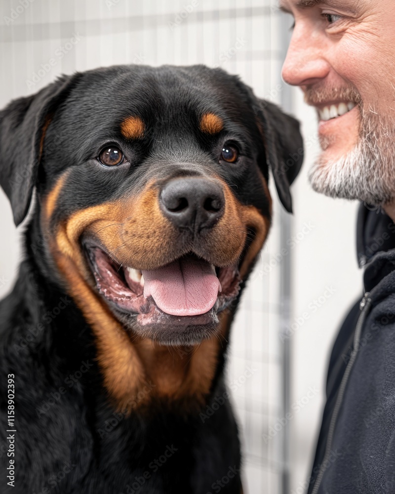 Happy dog at a pet adoption event concept. Happy Rottweiler smiling beside a man in a friendly interaction Happy dog at a pet adoption event concept. Happy Rottweiler smiling beside a man in a friendly interaction