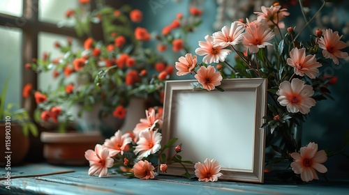 Picture mockup among pink flowers on rustic table. Photography template with gentle wildflowers in room interior advertising image. Summer bloom near photo mock up product photorealistic