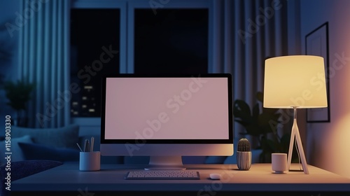 Evening home office with computer monitor mockup. Cozy domestic atmosphere with pc display template advertising image. Working late with screen mock up product photorealistic