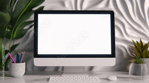 Arranged office workplace with computer display mockup. Using digital technology business template advertising image. Modern pc display mock up on desk product photorealistic