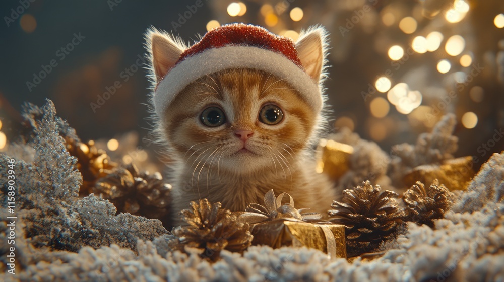 Cute kitten with santa hat surrounded by festive decorations and lights. Merry Christmas. Happy New Year Cute kitten with santa hat surrounded by festive decorations and lights. Merry Christmas. Happy New Year