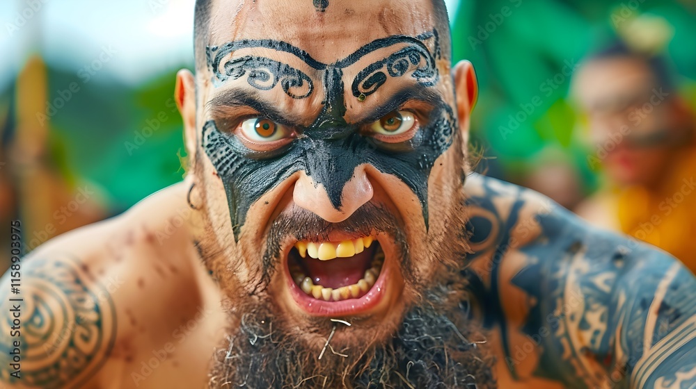 Fototapeta premium Intense Warrior With Face Tattoo and Tribal Body Art Displaying Emotion