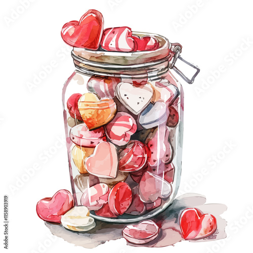 A watercolor drawing of a Valentine's Day sweet candy jar, isolated on a white background. Valentine's Day candy jar vector.
