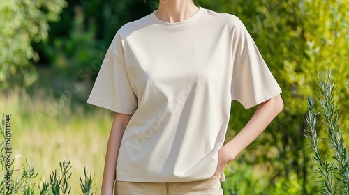 Minimalist concept of a woman wearing an oversized t-shirt mock-up. Casual woman in beige top standing amidst greenery