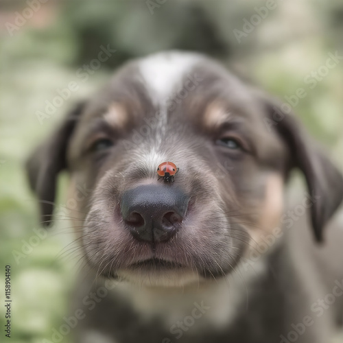 portrait of a puppy and a bug 
