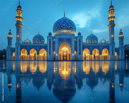 Illuminated Mosque reflecting in water at twilight. photo