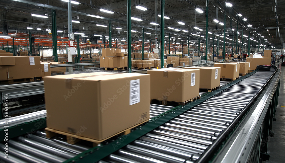 cardboard boxes in a logistic center on conveyor belt cardboard boxes in a logistic center on conveyor belt