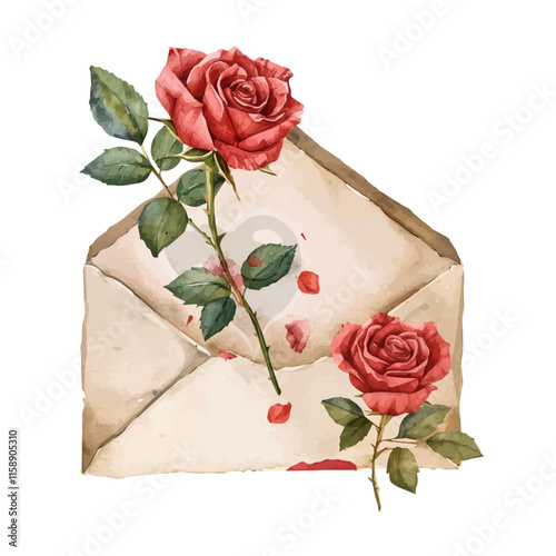 A watercolor drawing of a Valentine's Day love letter with roses, isolated on a white background. Valentine's Day vector.
