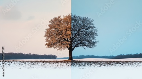 Wallpaper Mural Half Winter Half Autumn Tree Landscape, Split Season Nature Scenery, Dual Seasonal Contrast Minimalist Scene Torontodigital.ca