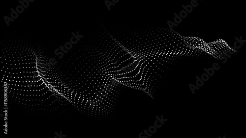 Wave of flowing particles on dark background. Abstract backdrop with dynamic elements of waves and dots. Vector