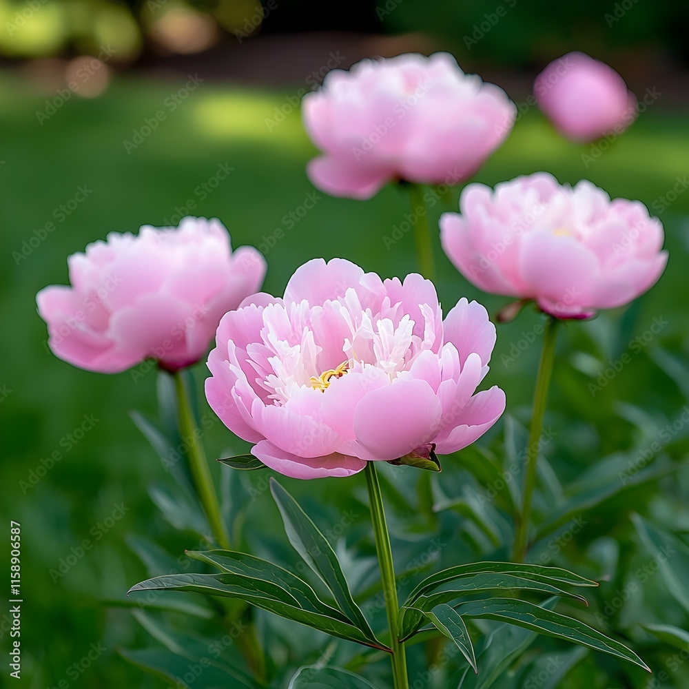 Pink Peonies Blooming in a Lush Garden with Green Background Pink Peonies Blooming in a Lush Garden with Green Background