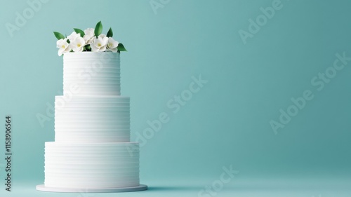 Create a mockup of a tall wedding cake with 3 or 4 tiers in white color. add waffle or rice paper decor. the cake should be tender and airy photo