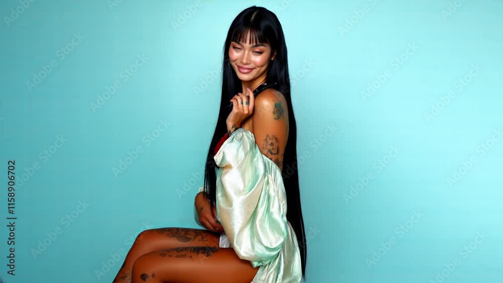 Sexy tanned and tattooed female sitting and posing on camera. Long shiny black hair. Happy and elegant. Short silk dress with strapless top. Isolated on light blue background.