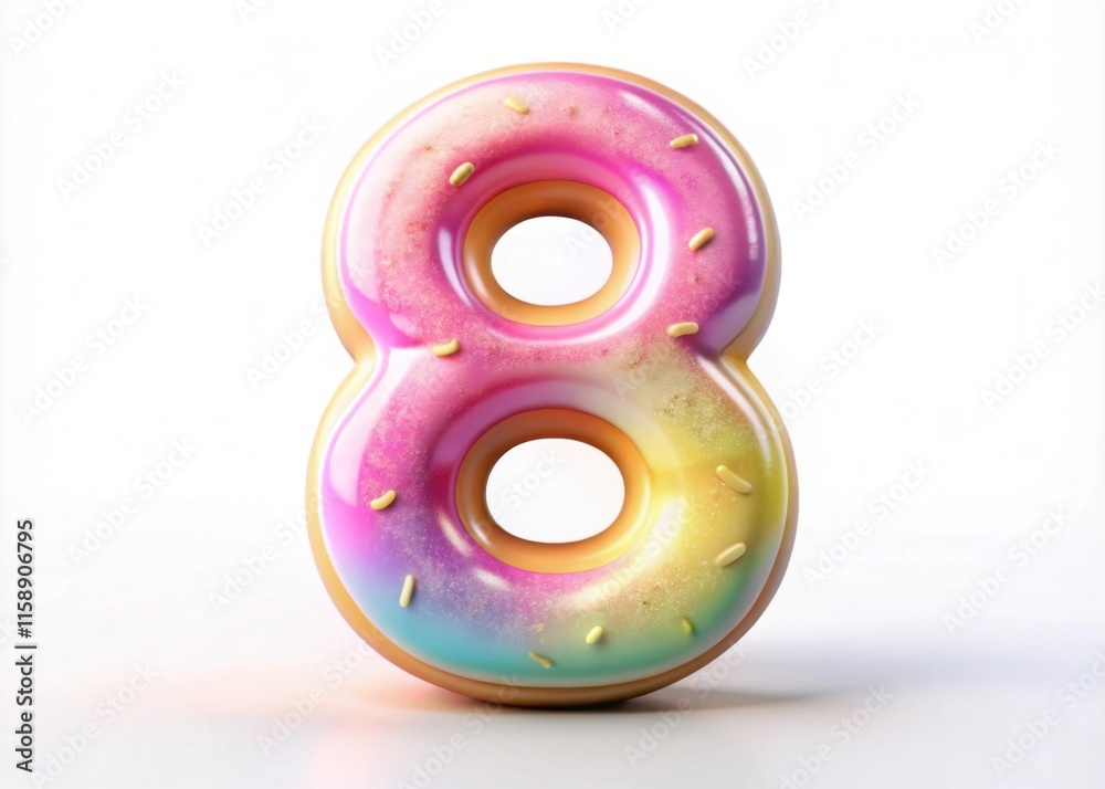 Donut shaped like number 8 with pink purple glaze sprinkles on white background. Concept for bakery and desserts, or design for Women's Day Donut shaped like number 8 with pink purple glaze sprinkles on white background. Concept for bakery and desserts, or design for Women's Day