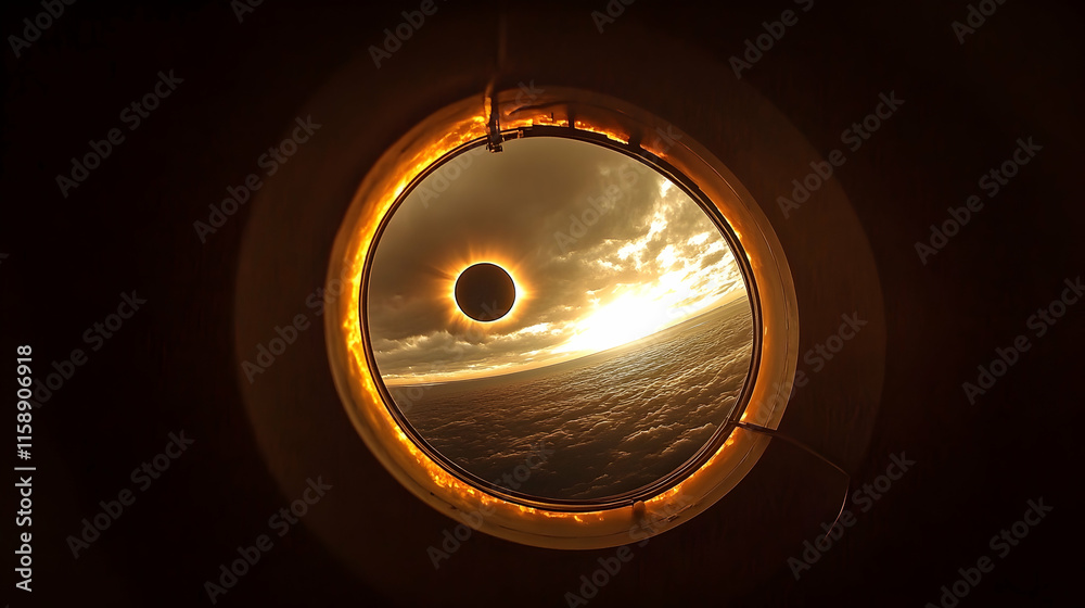 Annular solar eclipse viewed from porthole. Annular solar eclipse viewed from porthole.