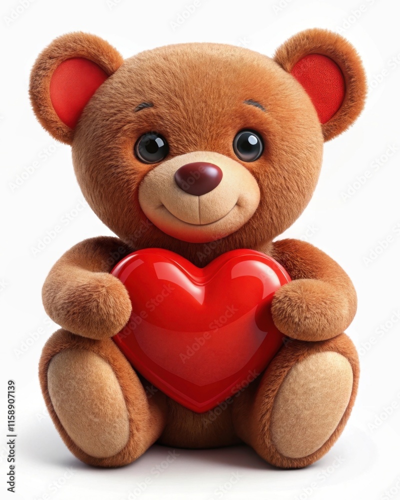 Fototapeta premium Brown smiling cute romantic Teddy Bear holding red Heart on white background, concept of love, Valentine's Day, gifts