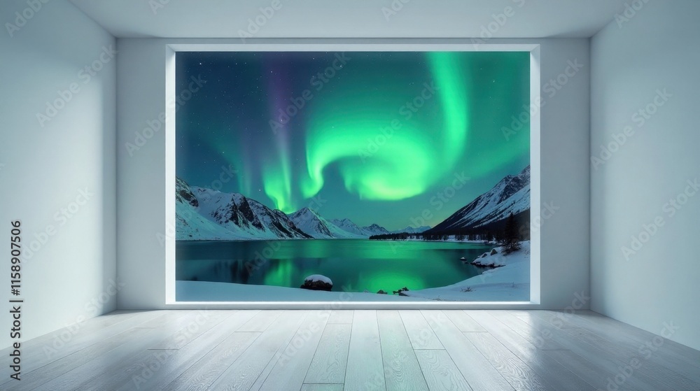 Fototapeta premium Serene Minimalist Interior with Expansive View of Northern Lights Over Snowy Mountain Lake