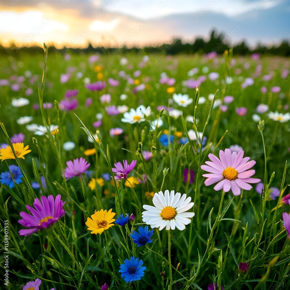 Fototapeta premium Vibrant Wildflower Meadow Under Beautiful Sky at Sunset