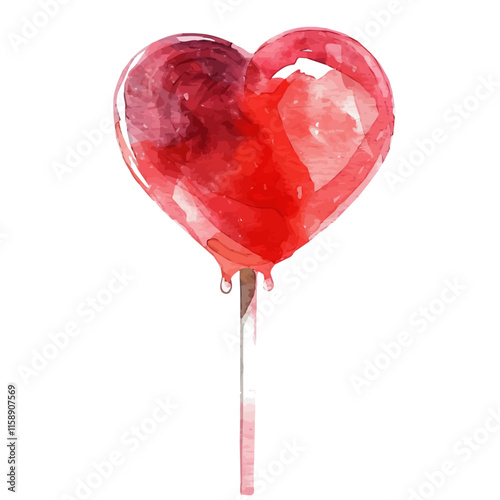 A watercolor vector of a Valentine's Day heart-shaped lollipop, isolated on a white background. Valentine's Day vector.
