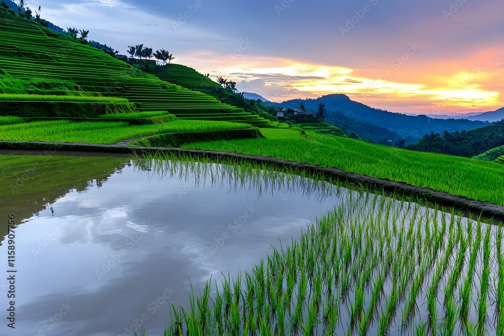 Lush Green Rice Terraces Under Colorful Sunset Sky in Rural Landscape