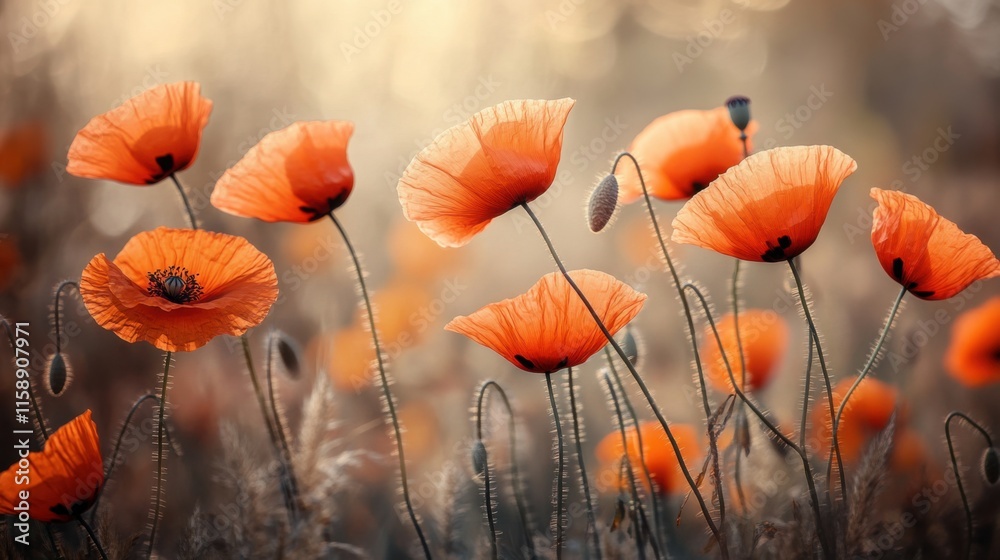 Obraz premium An artistic arrangement of fiery orange poppies against a blurred countryside backdrop, close-up shot, Naturalistic style