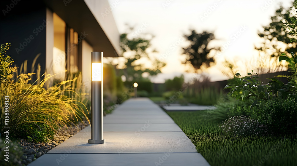 Obraz premium Modern outdoor bollard light with a sleek aluminum frame and energy-efficient LED illumination, designed for pathways and garden spaces
