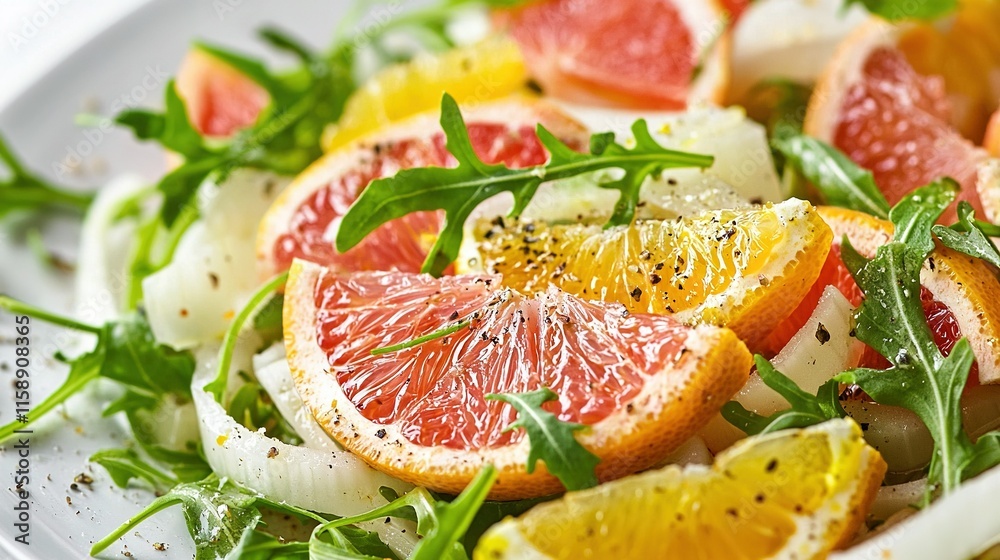 Close-up of a plate featuring grapefruit, oranges, fennel, and spinach Close-up of a plate featuring grapefruit, oranges, fennel, and spinach