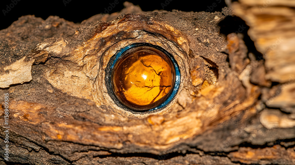 Close-up of amber eye embedded in wood. Close-up of amber eye embedded in wood.